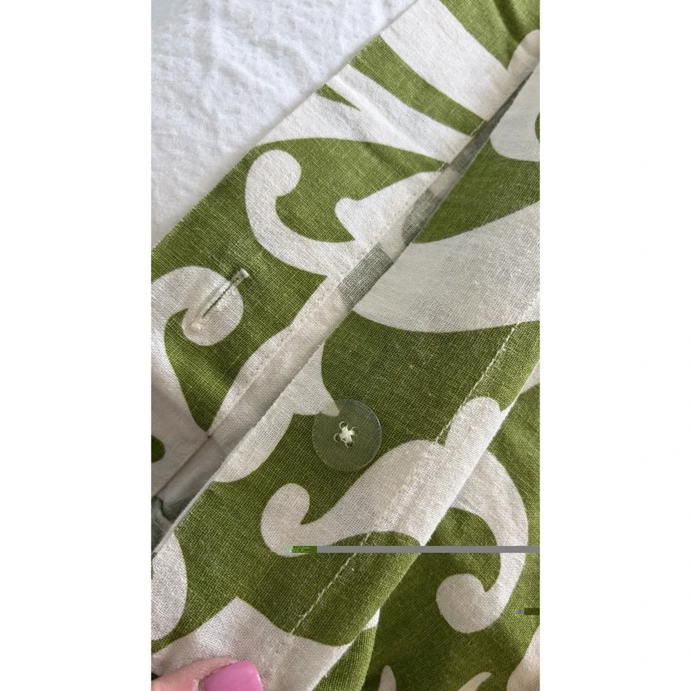 Pottery Barn Garden Gate Duvet Cover King Size Linen Cotton Green White Scroll